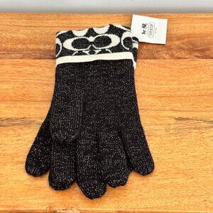 NWT, Coach, Black with Silver Sparkle Winter Gloves and Black White Logo Accents